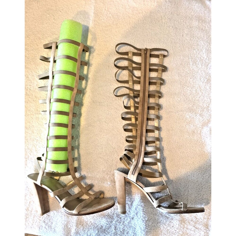 Stuart Weitzman Roman Gladiator Beige Suede Sandal Size 8 Block High Heel $425